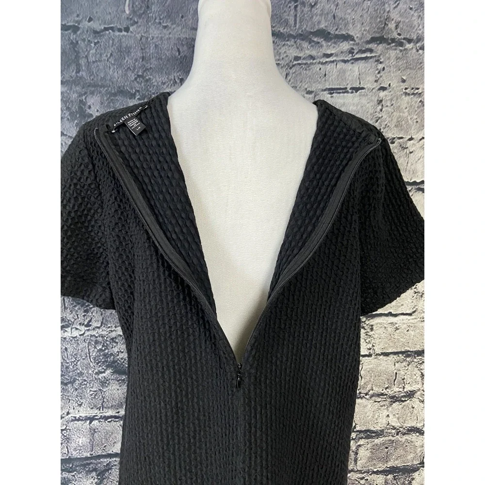 Eileen Fisher Dress Womens L Black Textured Knit Shift Zip Back Short Sleeve